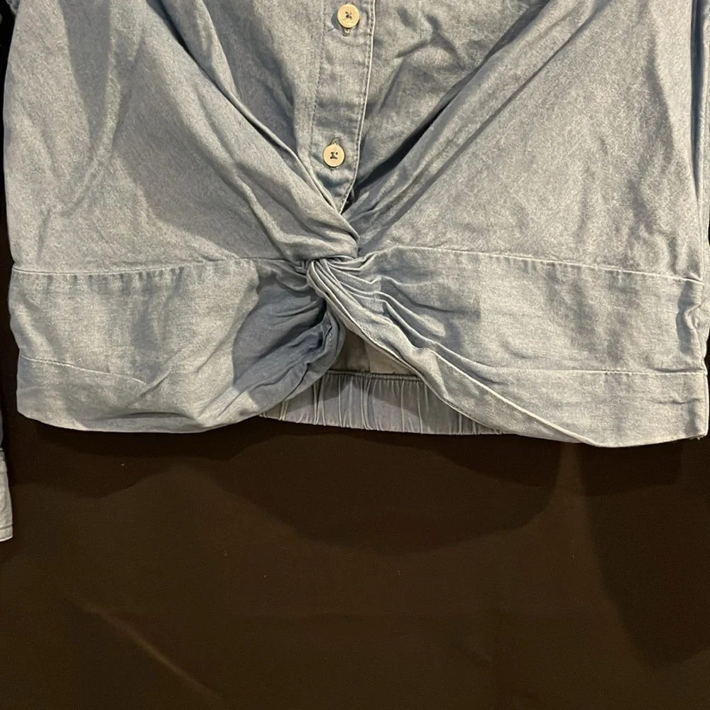 3/$20 Justice Girls Denim Blouse Size 8 - Button-Up Knot Front Shirt - Picture 2 of 10